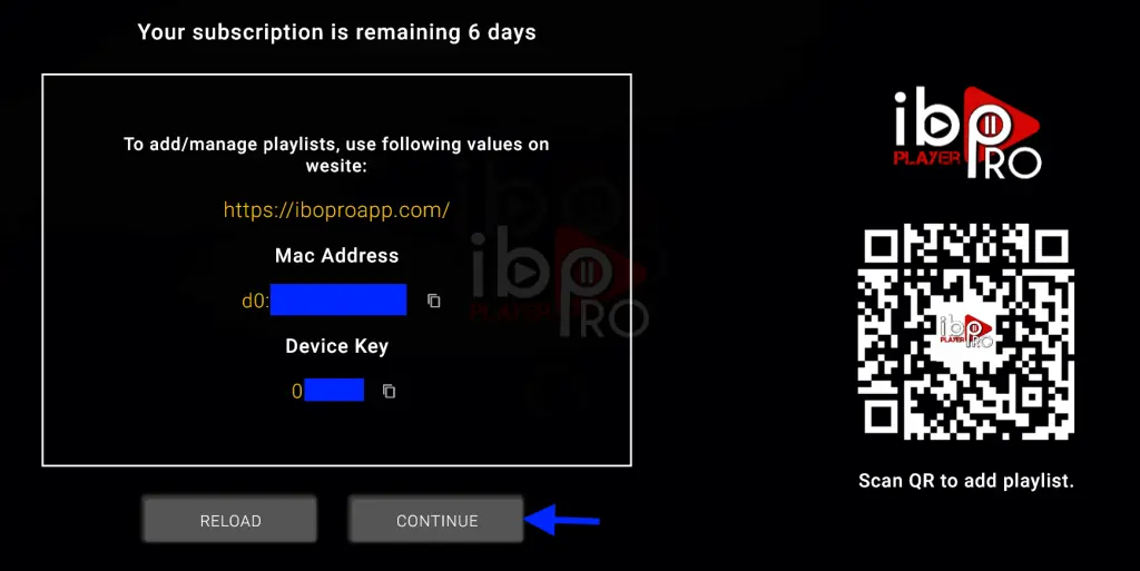 IBO Player Pro showing MAC address and device key for activation